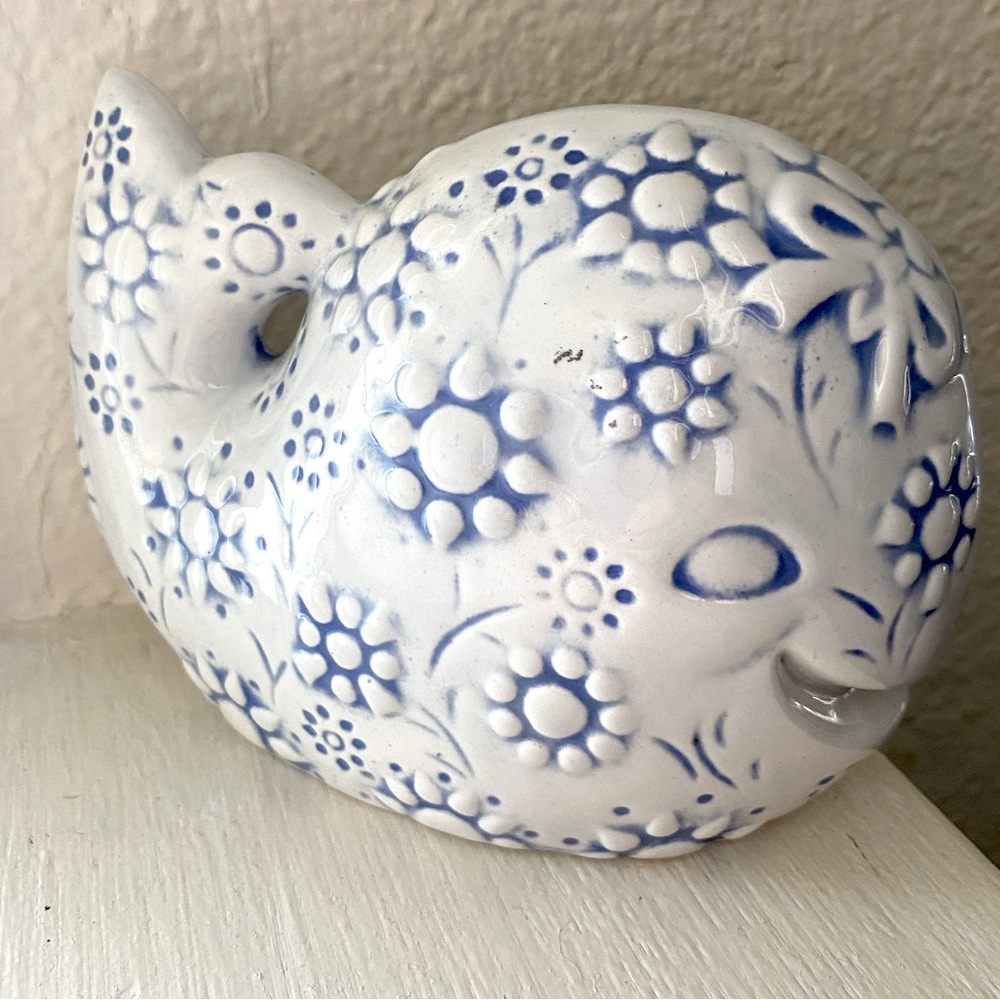 Vintage Whale Figurine, Blue and White Floral pattern